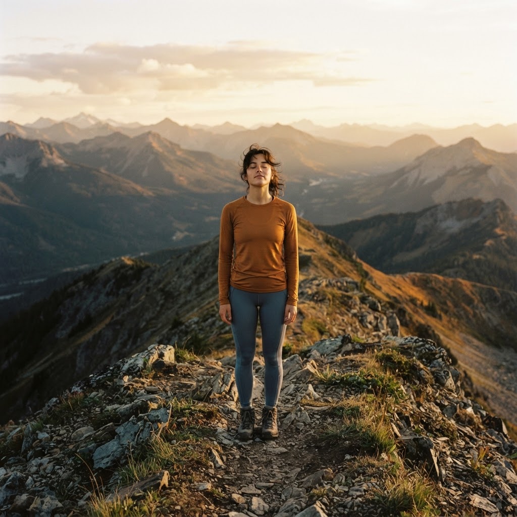 A person taking a restorative breath on a ridge at golden hour, representing resilience and wellbeing