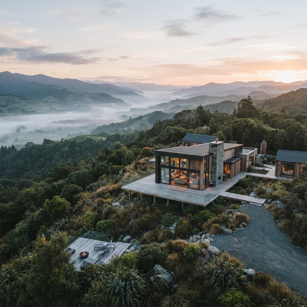 A secluded hill-country retreat lodge surrounded by rolling hills and forest at early morning, representing a premium immersive leadership development environment.
