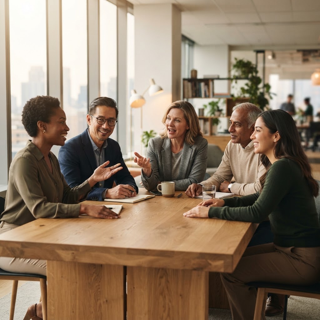 A diverse group of professionals in aligned conversation, representing influence and stakeholder management