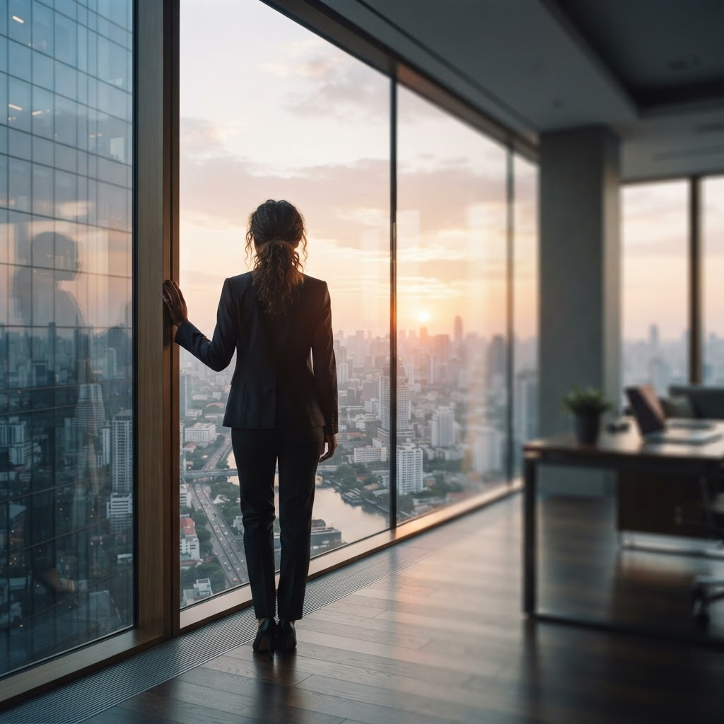 A professional looking out over a city at sunrise, representing leadership and the future of work