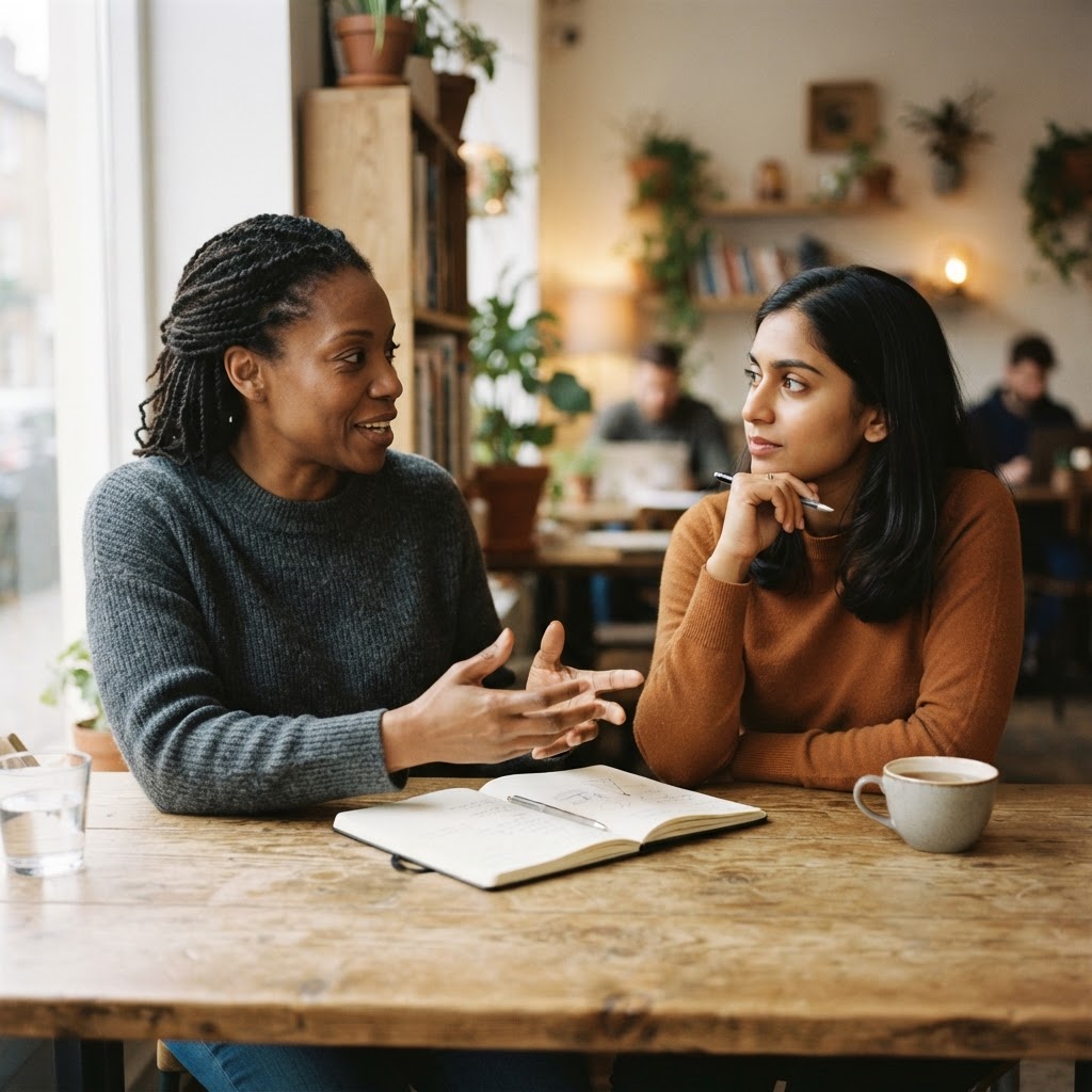 Two people in a one-to-one mentoring conversation, representing coaching and business mentoring