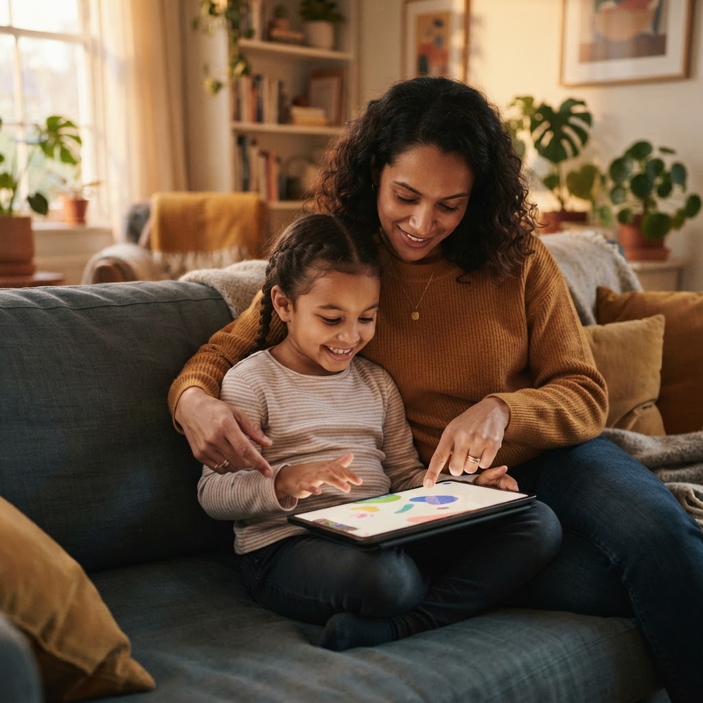 A parent and child learning together with a tablet, representing parents, educators and community