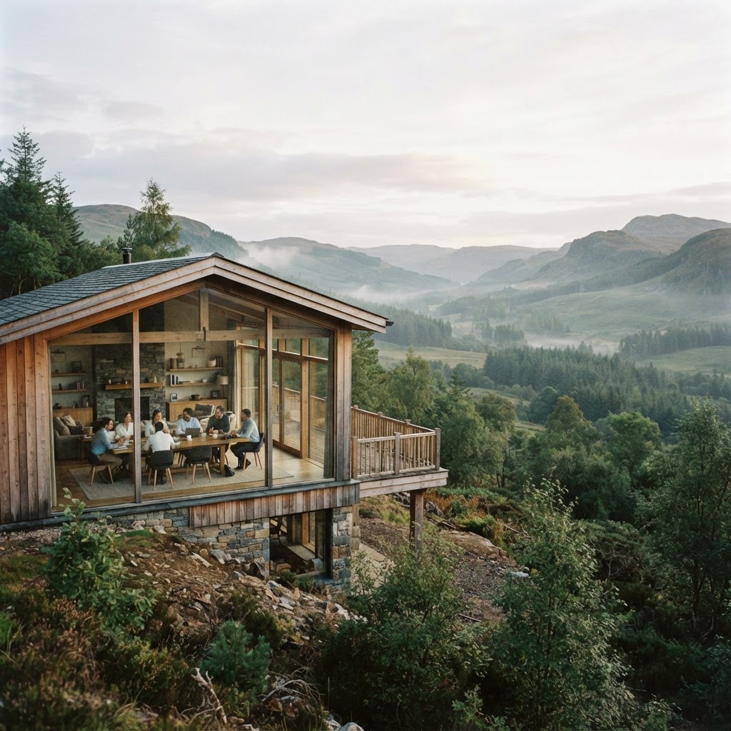 A secluded hill-country lodge surrounded by nature, representing an immersive leadership retreat environment.