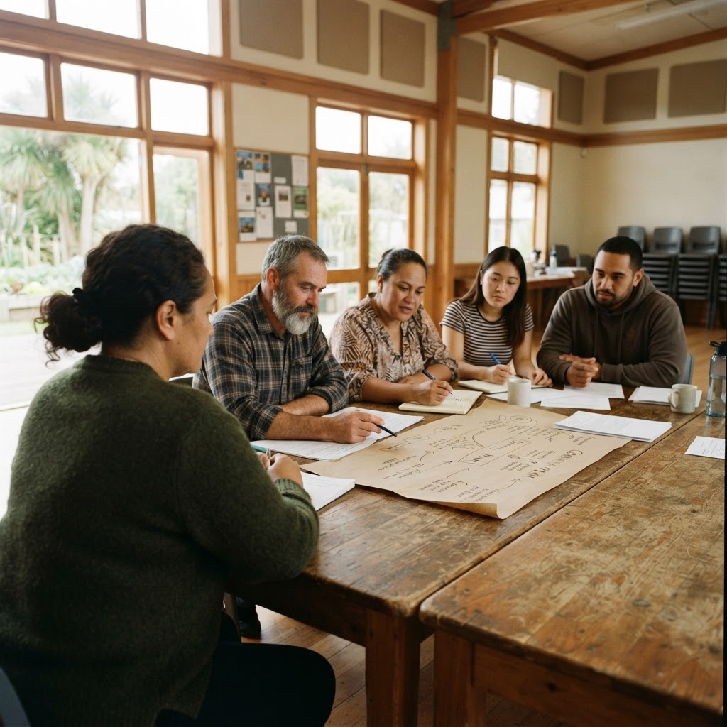 A small community leadership team reviewing strategy and planning documents together in a sunlit community hall