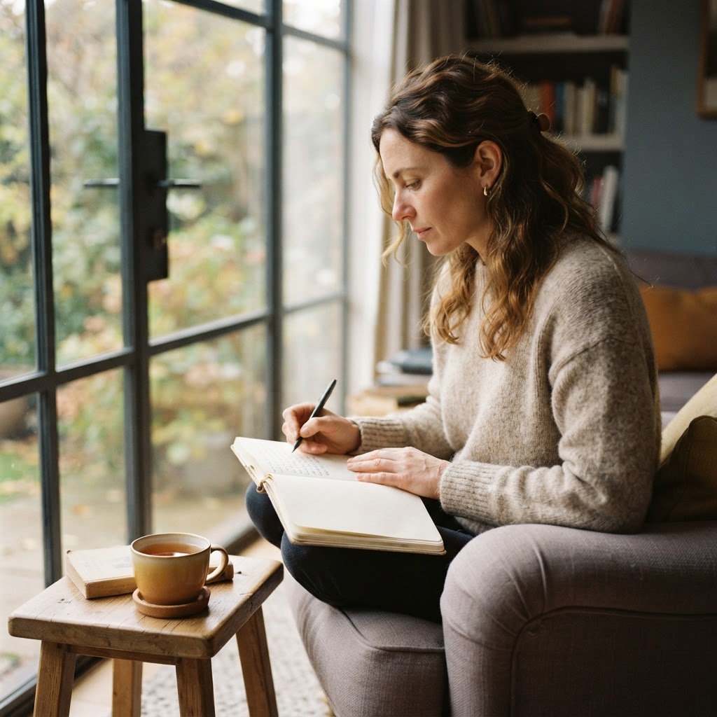 A person reflecting and journaling by a window, representing self-awareness and personal growth