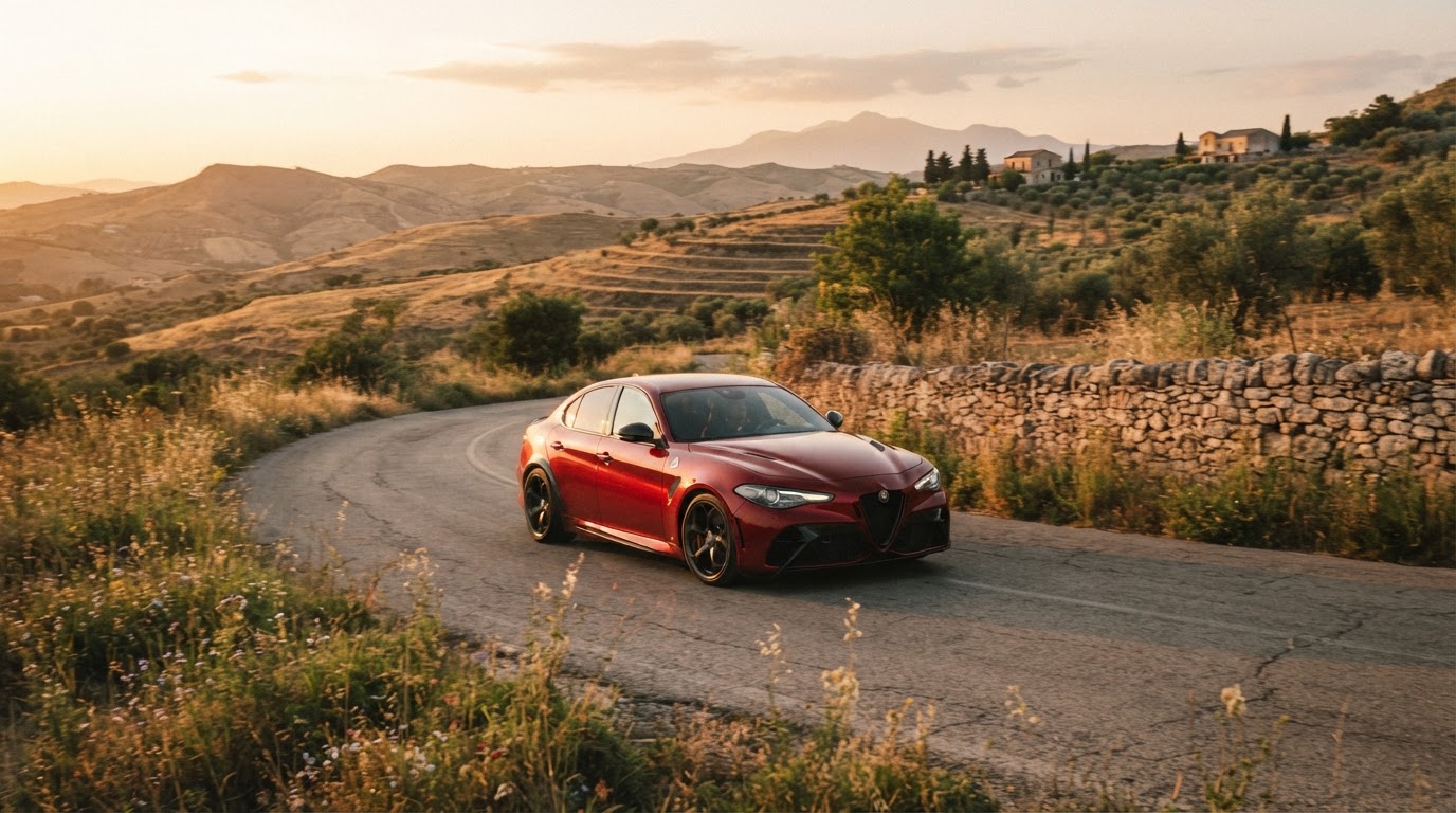 Auto su una strada di campagna siciliana al tramonto