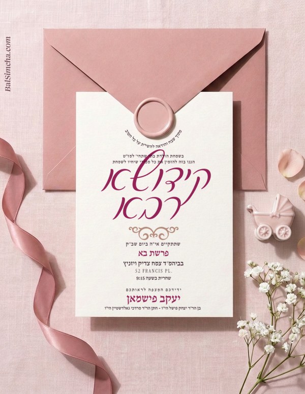 Kiddush invitation for a baby girl KD-212 — Yiddish and Hebrew tzetel design by Bal Simcha