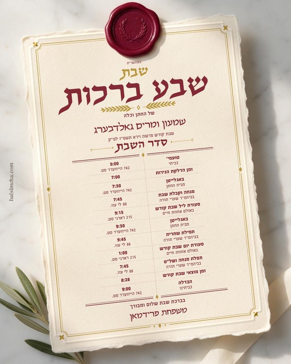 Sheva Brochos - Shabbos Sheva Brachos invitation SB-204 — Yiddish and Hebrew tzetel design by Bal Simcha