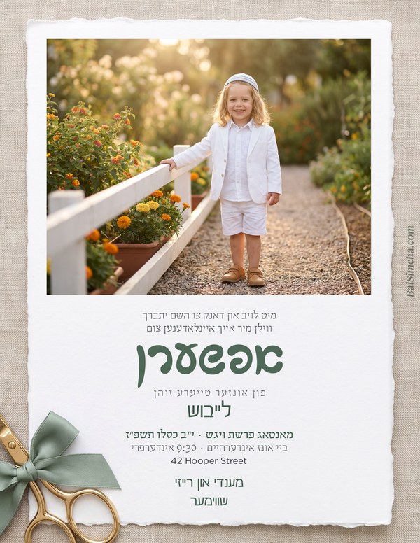 Upsherin invitation UP-206 — Yiddish and Hebrew tzetel design by Bal Simcha