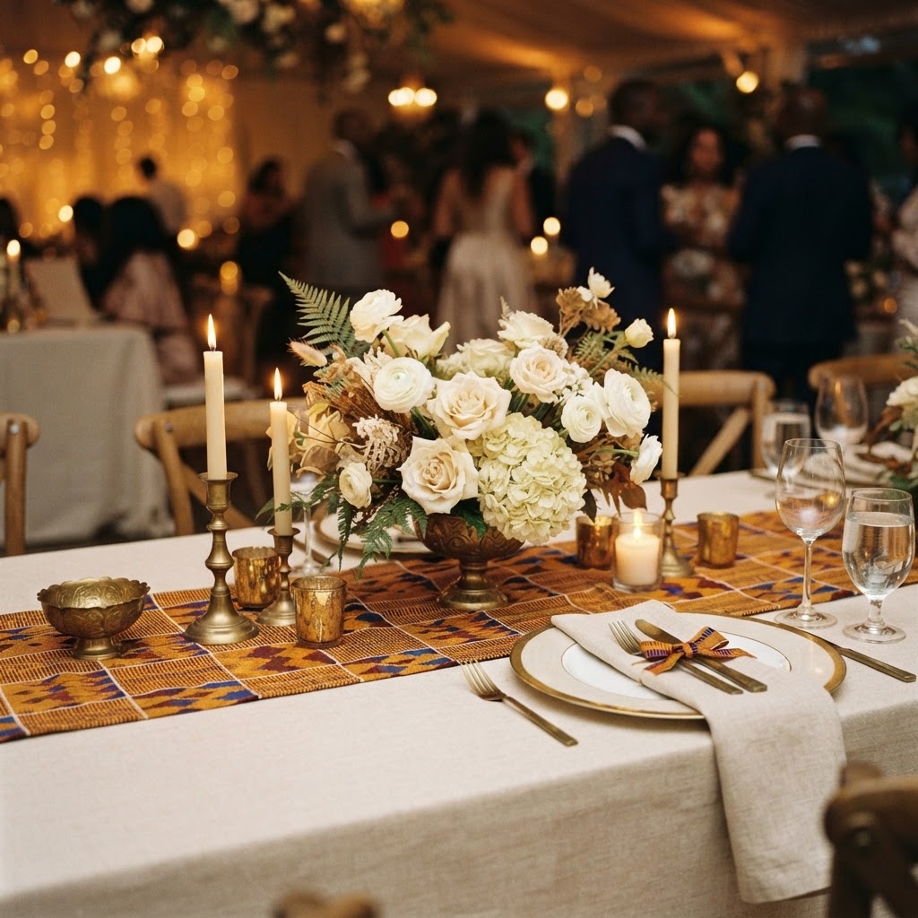 Candlelit table setting at a Ghanaian celebration