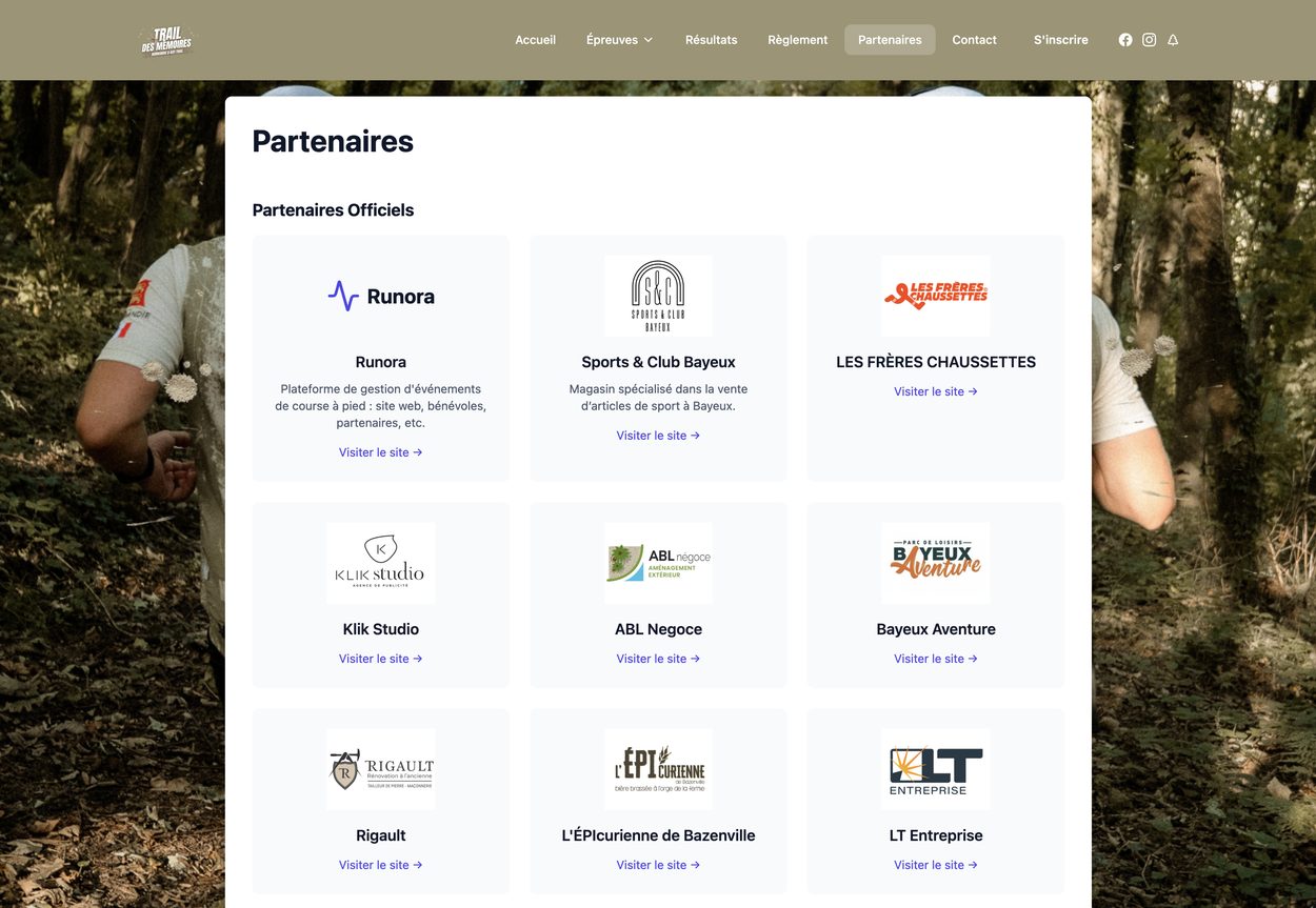 Page Partenaires du site public de l'événement, générée par Runora