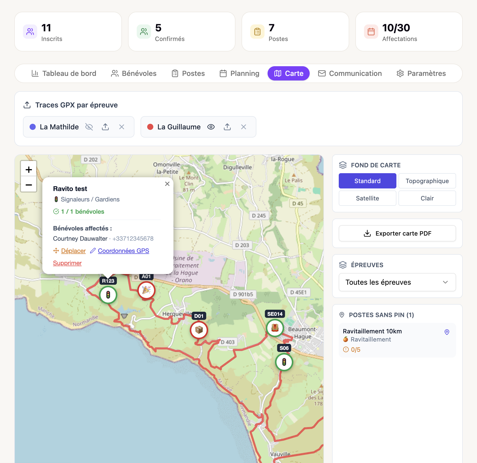 Carte avec trace GPX et postes bénévoles géolocalisés