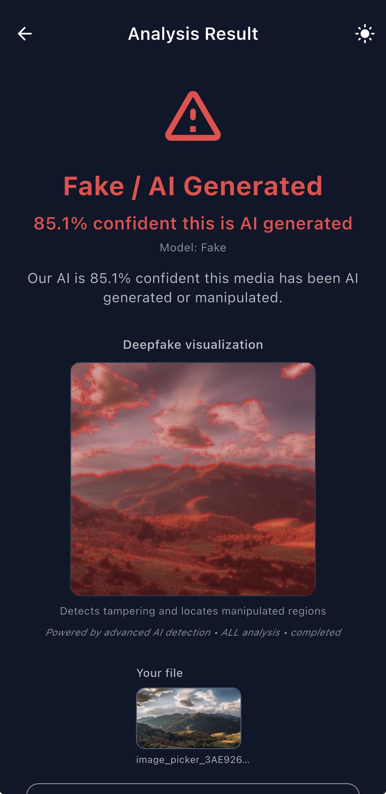 RealShield AI scan result: This landscape is not a real photograph. RealShield AI found it to be 85.1% AI generated. This is why you cannot believe most pictures anymore.