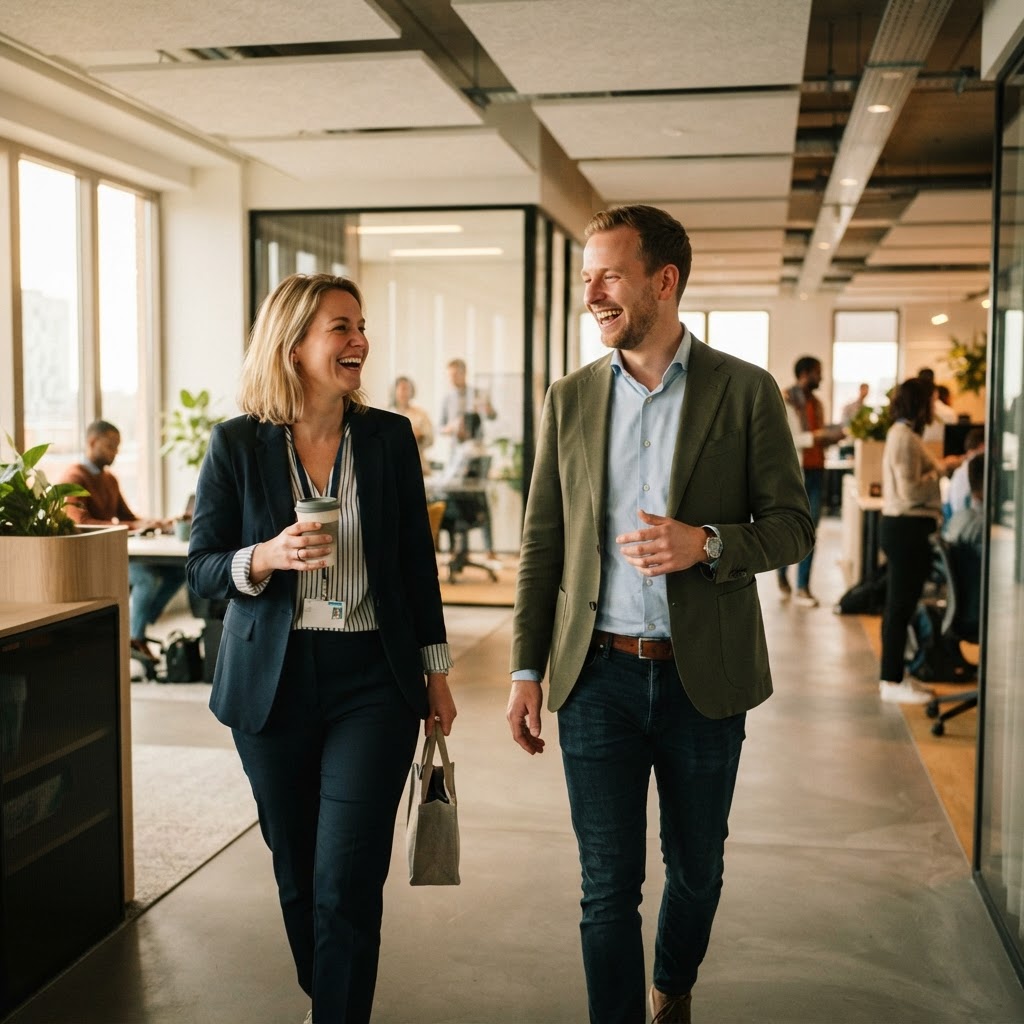 Twee lachende collega’s in gang