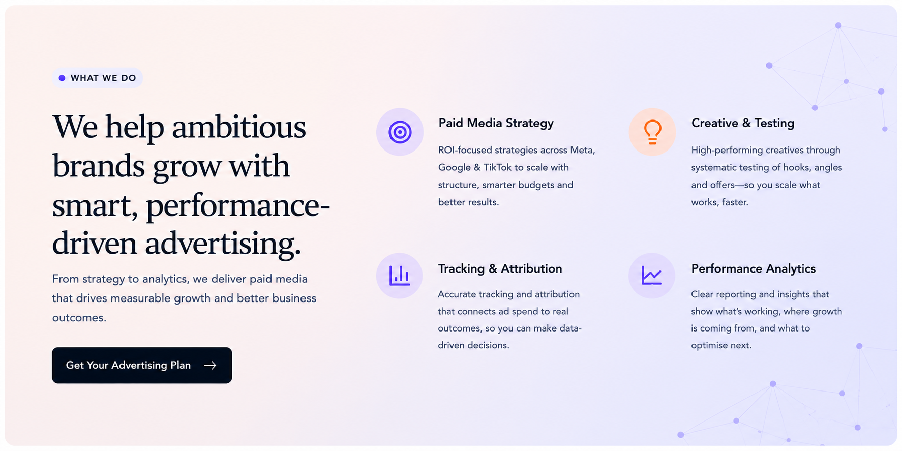 What We Do — Paid Media Strategy, Creative & Testing, Tracking & Attribution, Performance Analytics