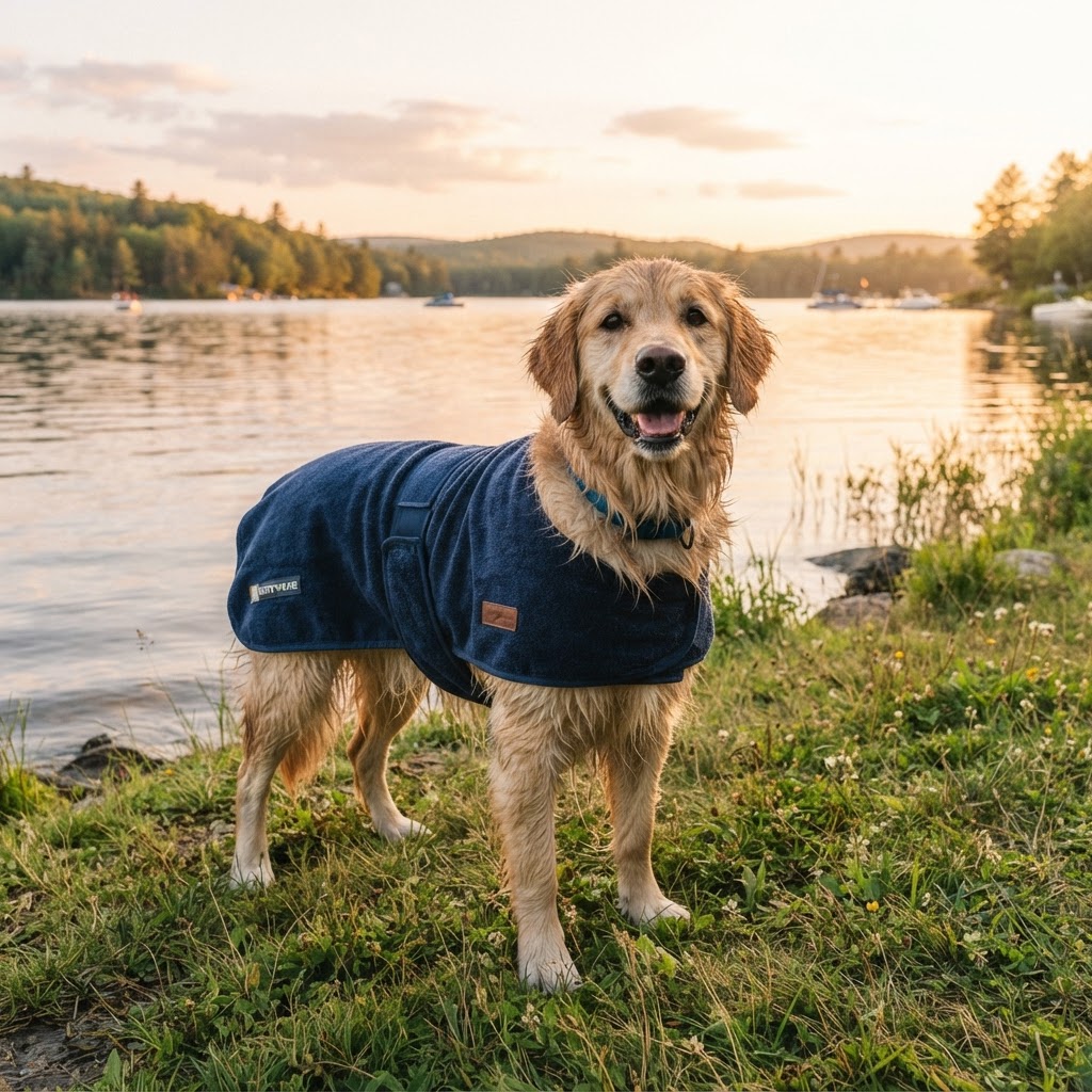 Golden Retriever wearing a Ruff & Tumble drying coat
