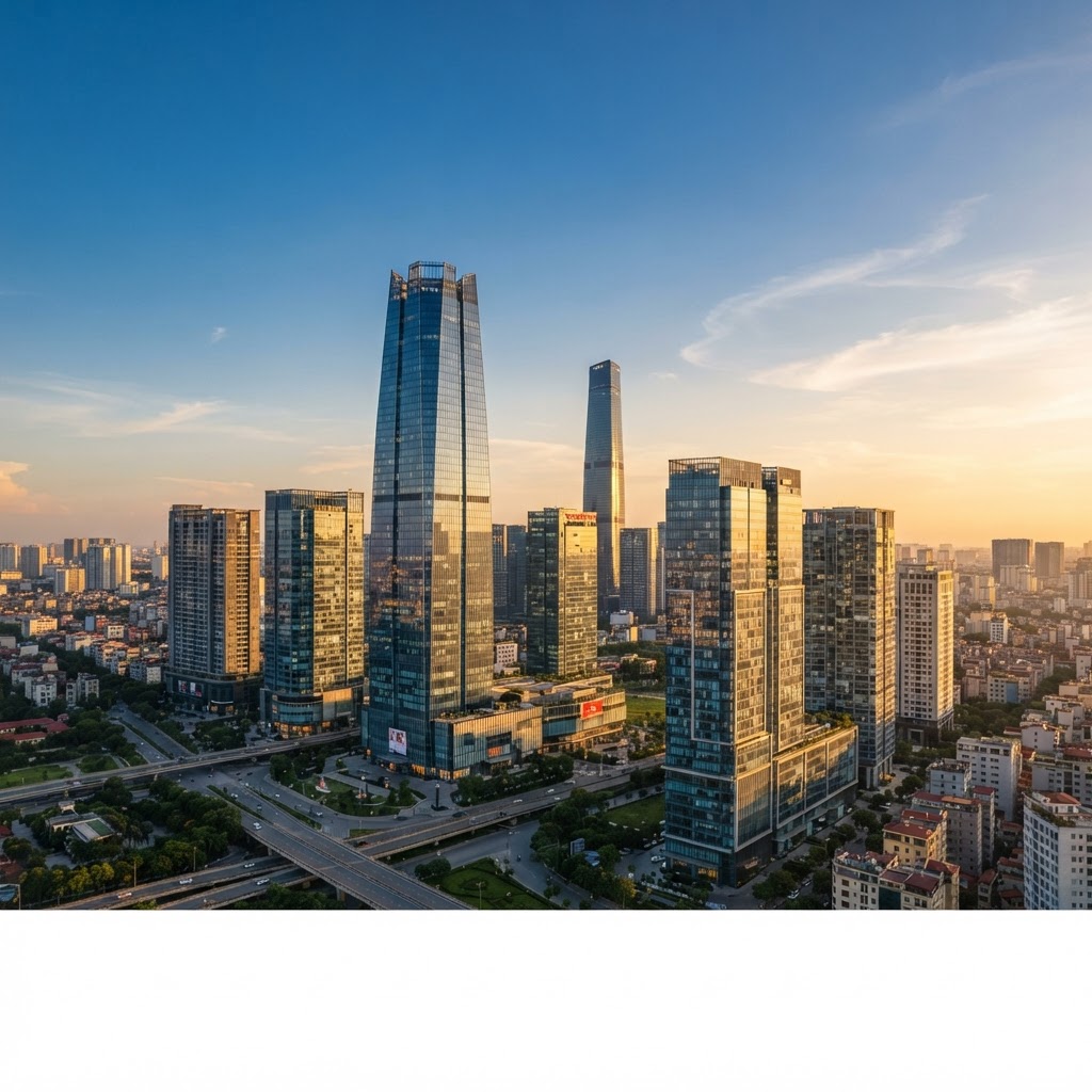 Hanoi modern business district skyline with Lotte Center tower at golden hour