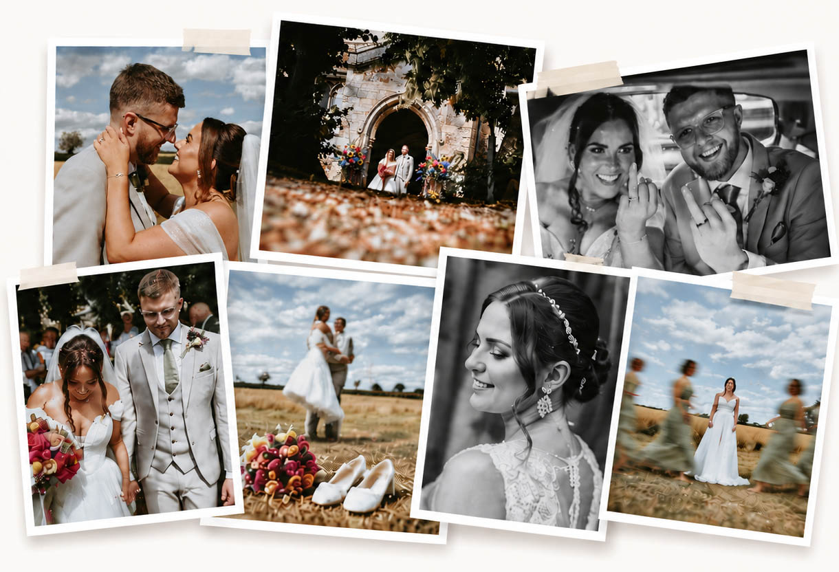 Collage of candid wedding moments captured by guests
