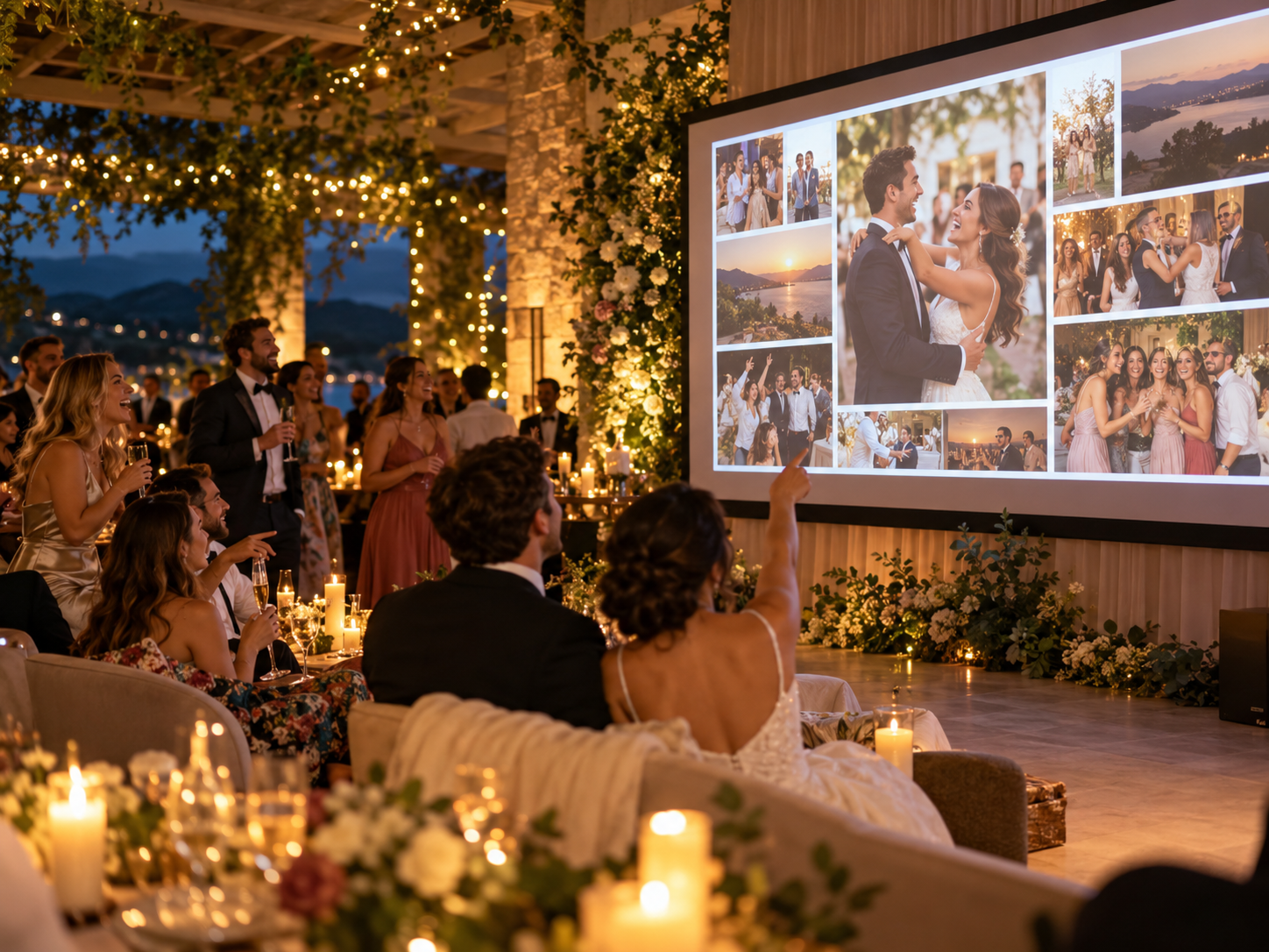 A couple and their guests at a candlelit evening reception watching guest photos appear live on a projector screen