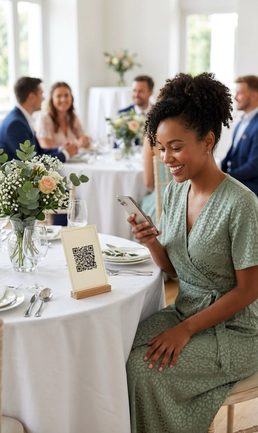 Wedding guests scanning the QR photo card at their table