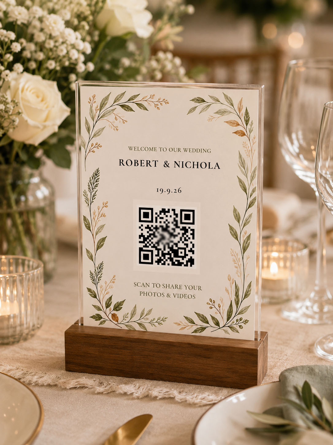 Botanical Welcome wedding QR card — Robert & Nichola, 19.9.26