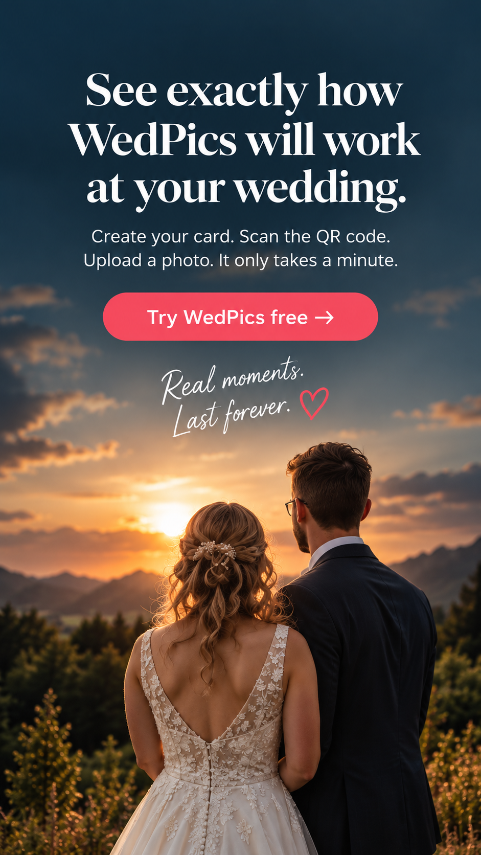 See exactly how WedPics will work at your wedding — create your card, scan the QR code, upload a photo