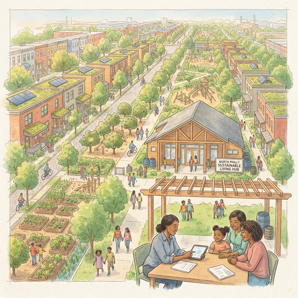 Conceptual North Philadelphia green corridor with modest community housing, trees, gardens, an accessible community facility, residents, and a housing counselor helping a family through tablet-based intake.