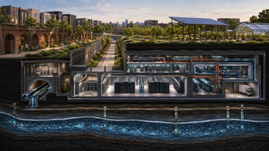 Conceptual cutaway of an adaptive-reuse former rail corridor, closed-loop data-facility cooling and a separately monitored subsurface-water zone under study.
