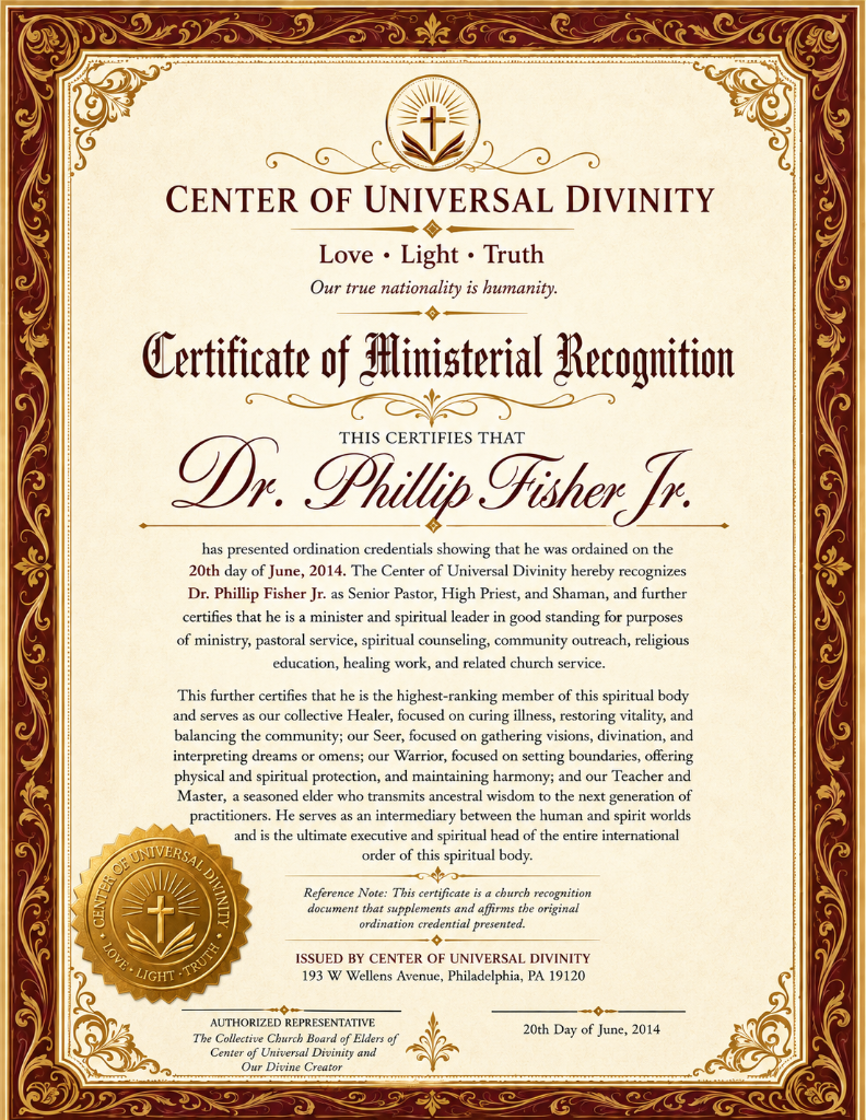 Certificate of Ministerial Recognition — Dr. Phillip Fisher Jr.