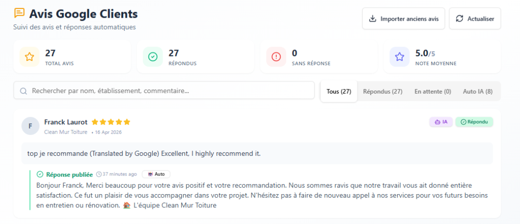 Tableau de bord Avis Google Clients — Suivi des avis et réponses automatiques