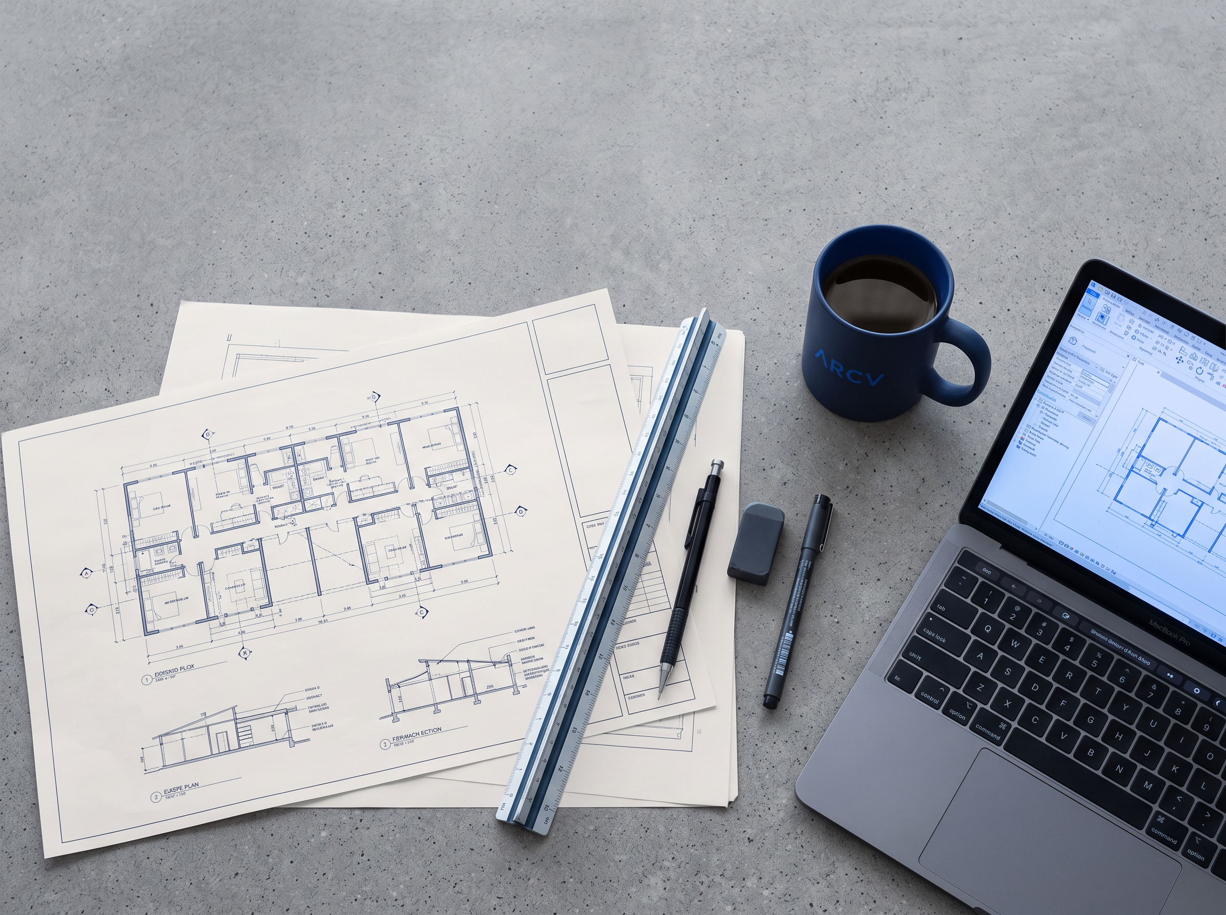 Architect's desk from above with royal blue printed floor plans, a scale rule, pencil and a laptop showing a technical drawing