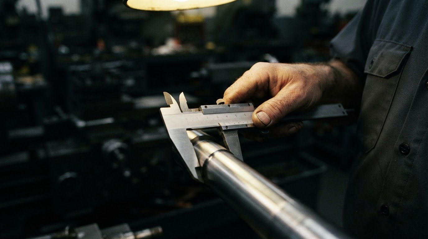Engineer checking a micrometer on a freshly turned steel shaft
