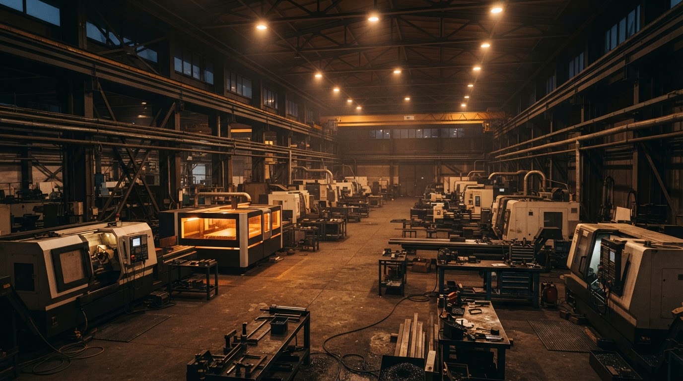 AL TAEF workshop hall at dusk, overhead lights on and machines lit