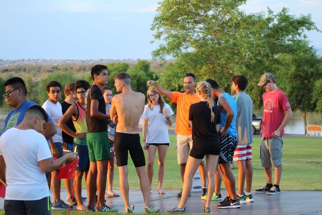 Desert Juggernauts head coach Jesse Oviatt briefing athletes before race Bullhead City
