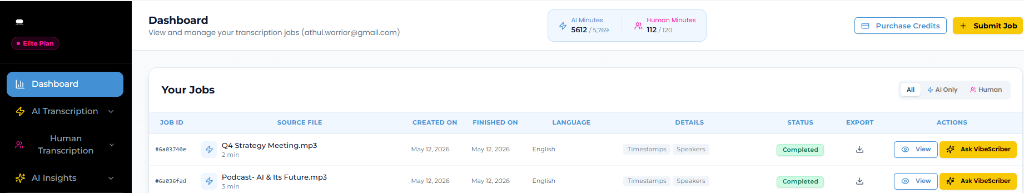 VibeScriber Dashboard showing transcription jobs table with status, file names, and actions