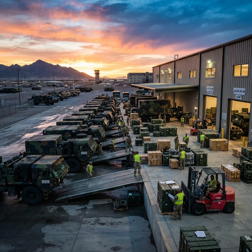 Military freight logistics facility at dusk