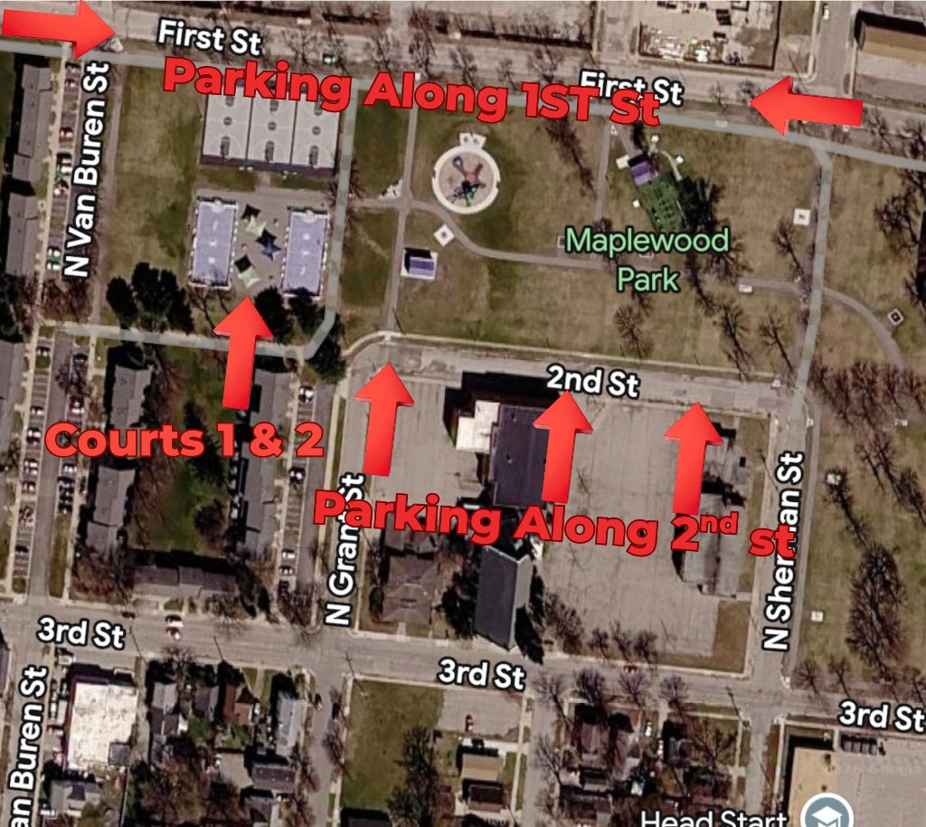Aerial map showing Courts 1 & 2 and parking along 1st St and 2nd St at Maplewood Park