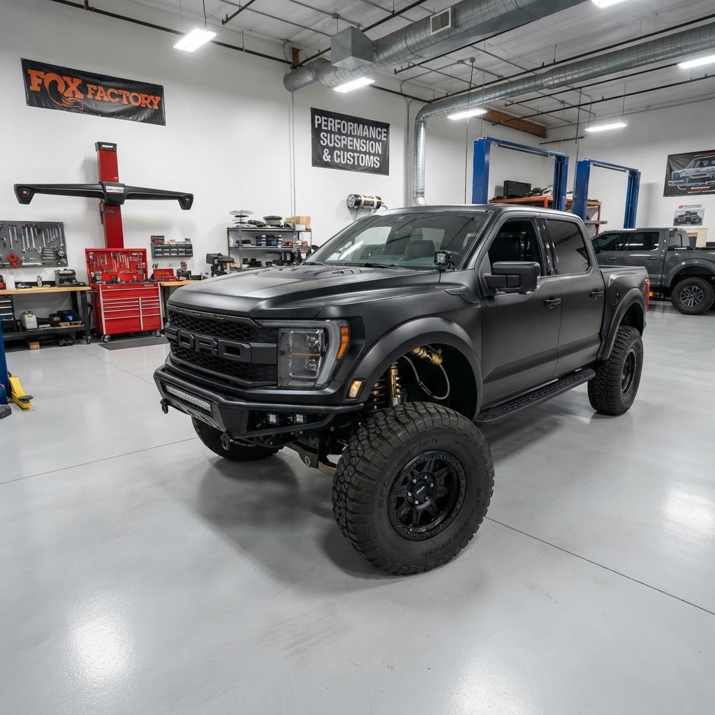 A aggressive black lifted Ford F-150 featuring FOX 2.5 Factory Race Series shocks displayed in a high-tech workshop environment.