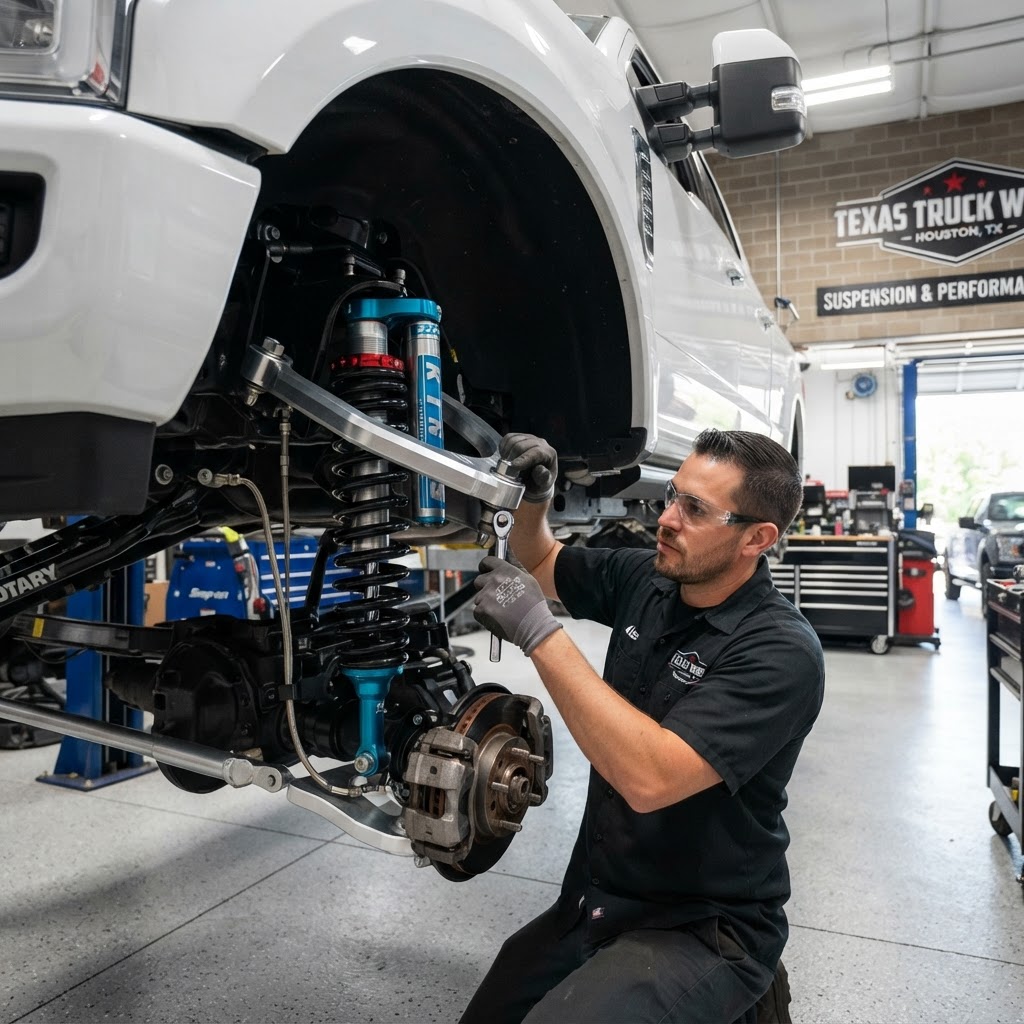 A technician working on a truck suspension