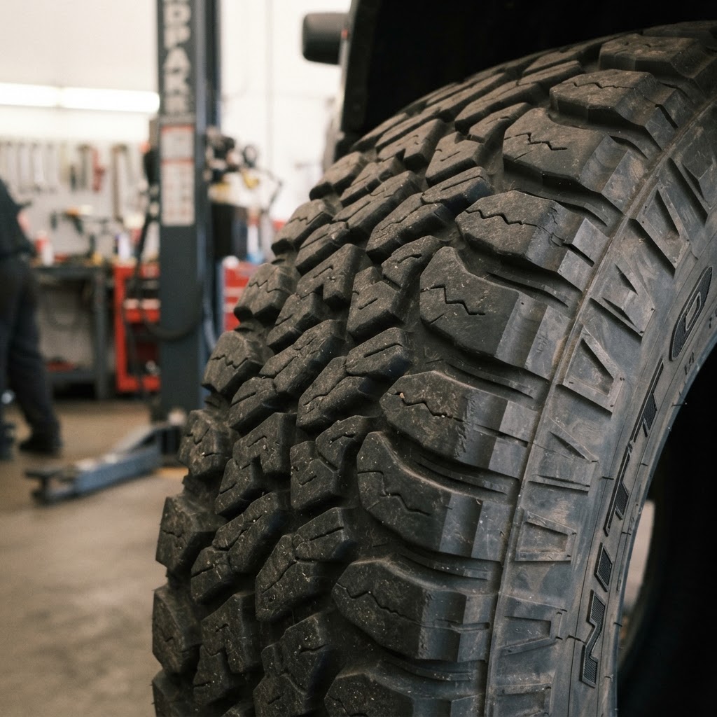Close-up detail of the tread pattern on a Nitto Trail Grappler tire