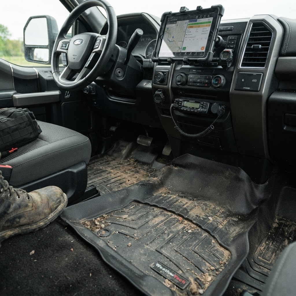 Interior shot of a late-model GMC Sierra cabin with custom WeatherTech floor liners and an organized console
