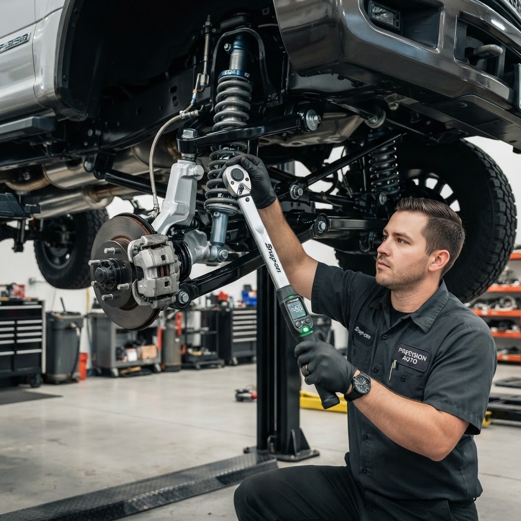 A mechanic carefully torquing suspension bolts in a high-end Houston shop