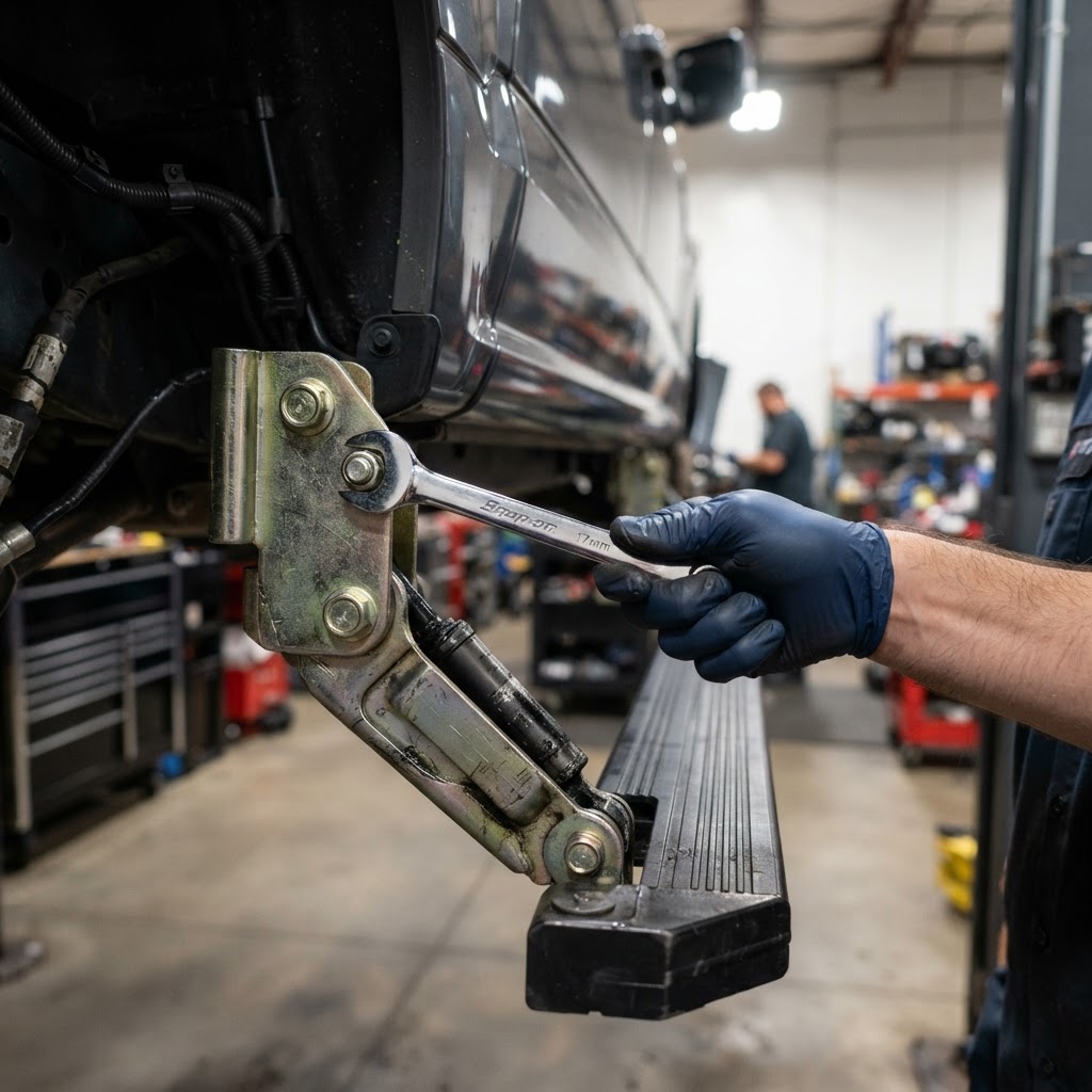 Close up of a mechanic's hand adjusting the wiring on an AMP Research PowerStep