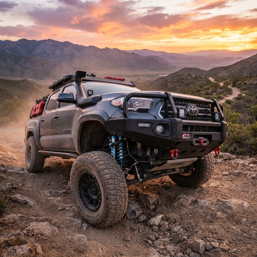 A rugged Toyota Tacoma equipped with an ARB bumper and Old Man Emu suspension