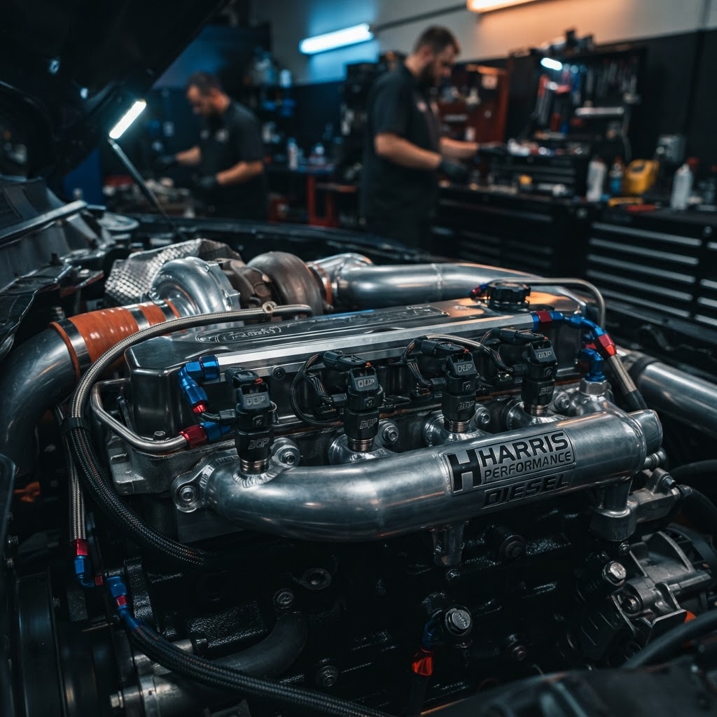 Close-up of a high-performance diesel engine bay