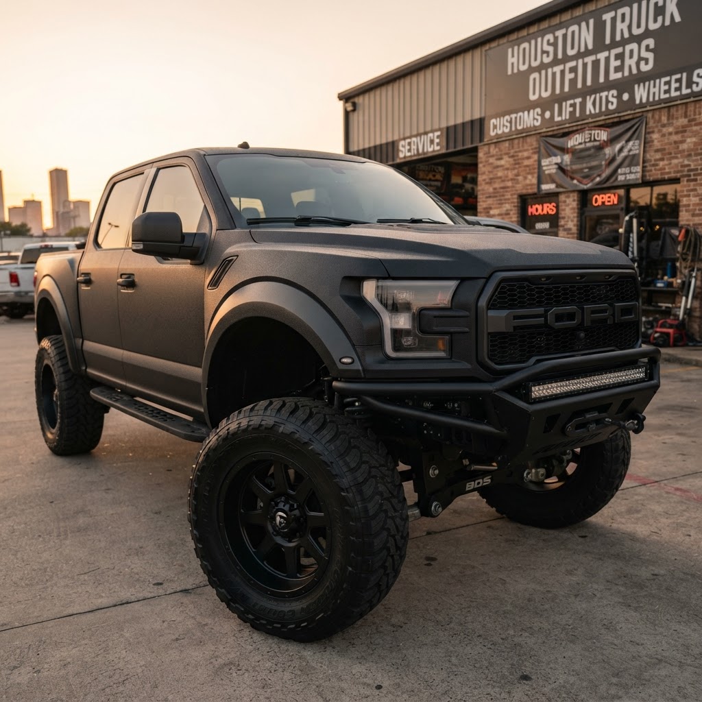 Close-up of a lifted F-150 on 37s