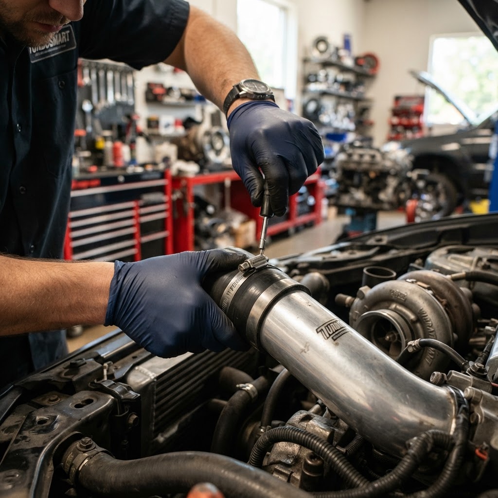 A technician carefully inspecting a new performance intake installation