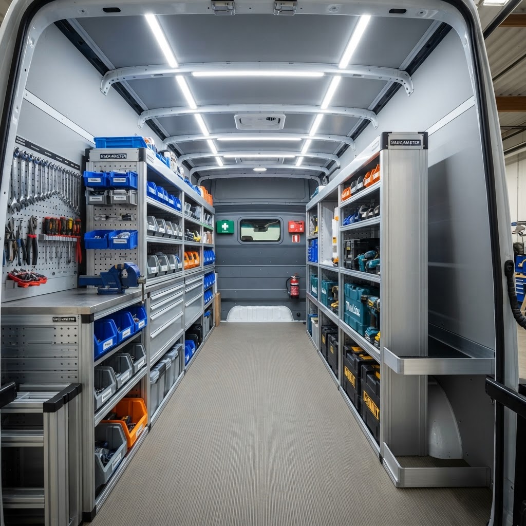 Custom shelving in a work van