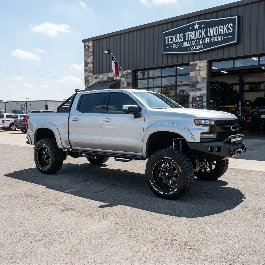 A lifted silver Chevrolet Silverado sporting aggressive Nitto Ridge Grappler tires parked outside the Spectrum Outfitters facility