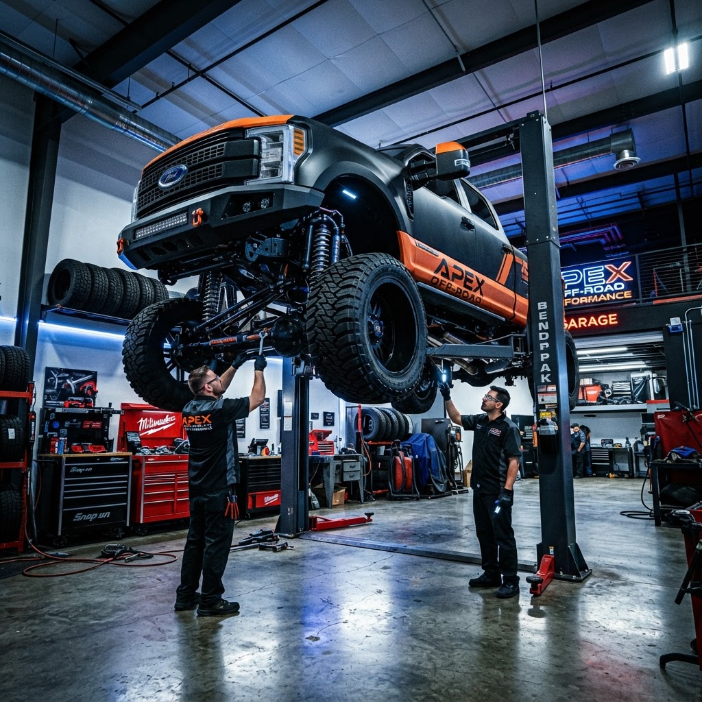 A custom off-road truck being serviced in a professional, high-end garage setting
